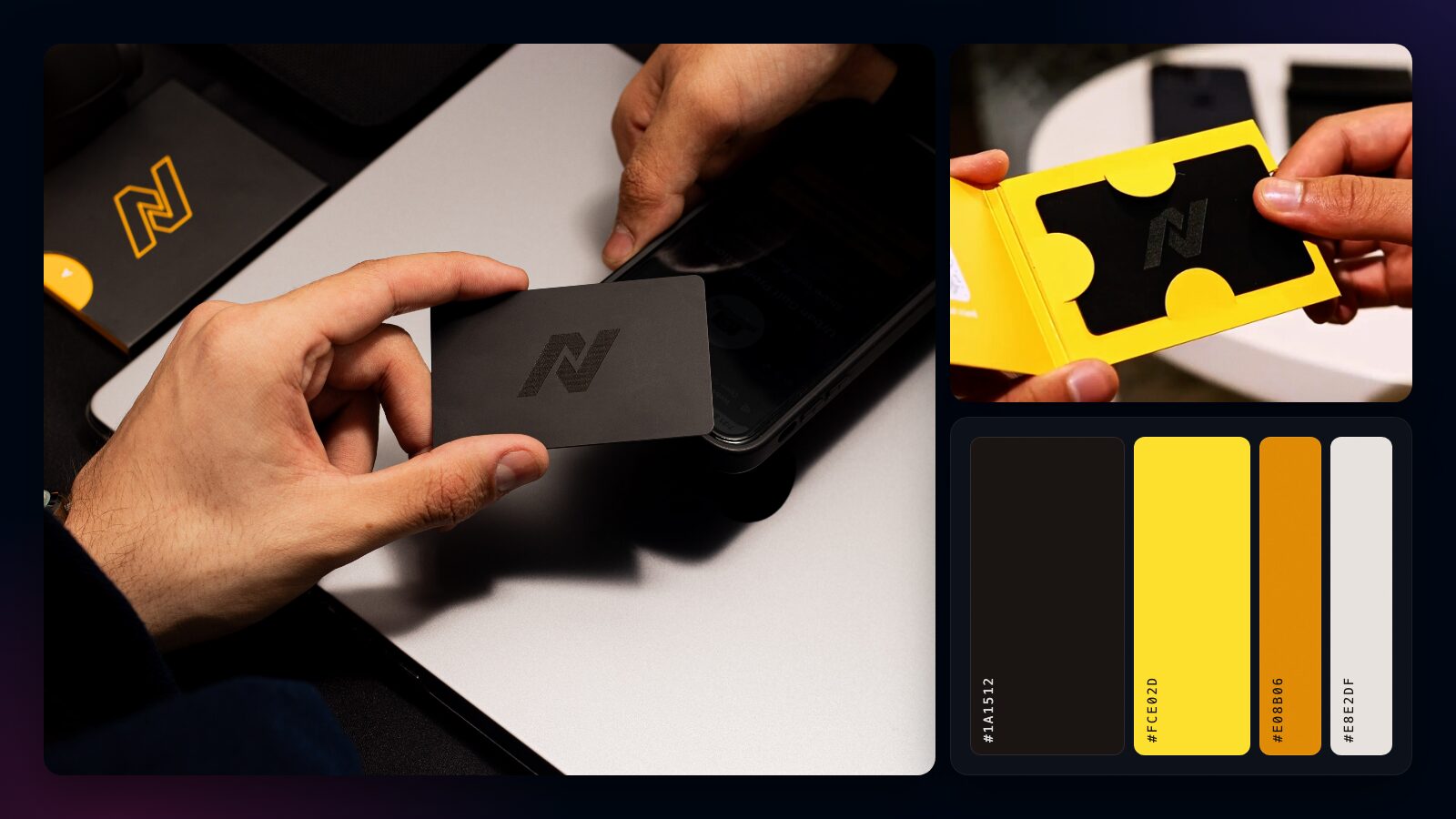 Brand identity board for NFC Fusion showing the branded NFC card, packaging and colour palette